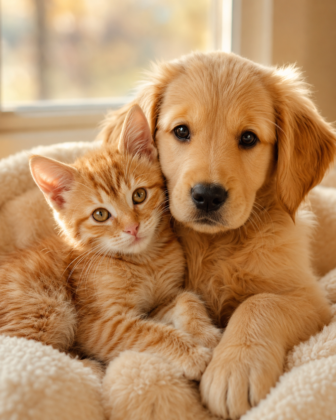 A golden retriever puppy cuddled beside an orange kitten